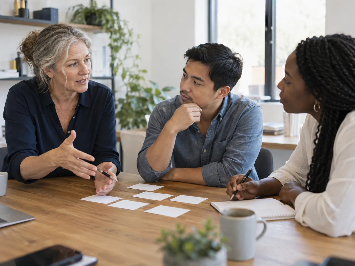 Three colleagues working through an everyday business handoff together